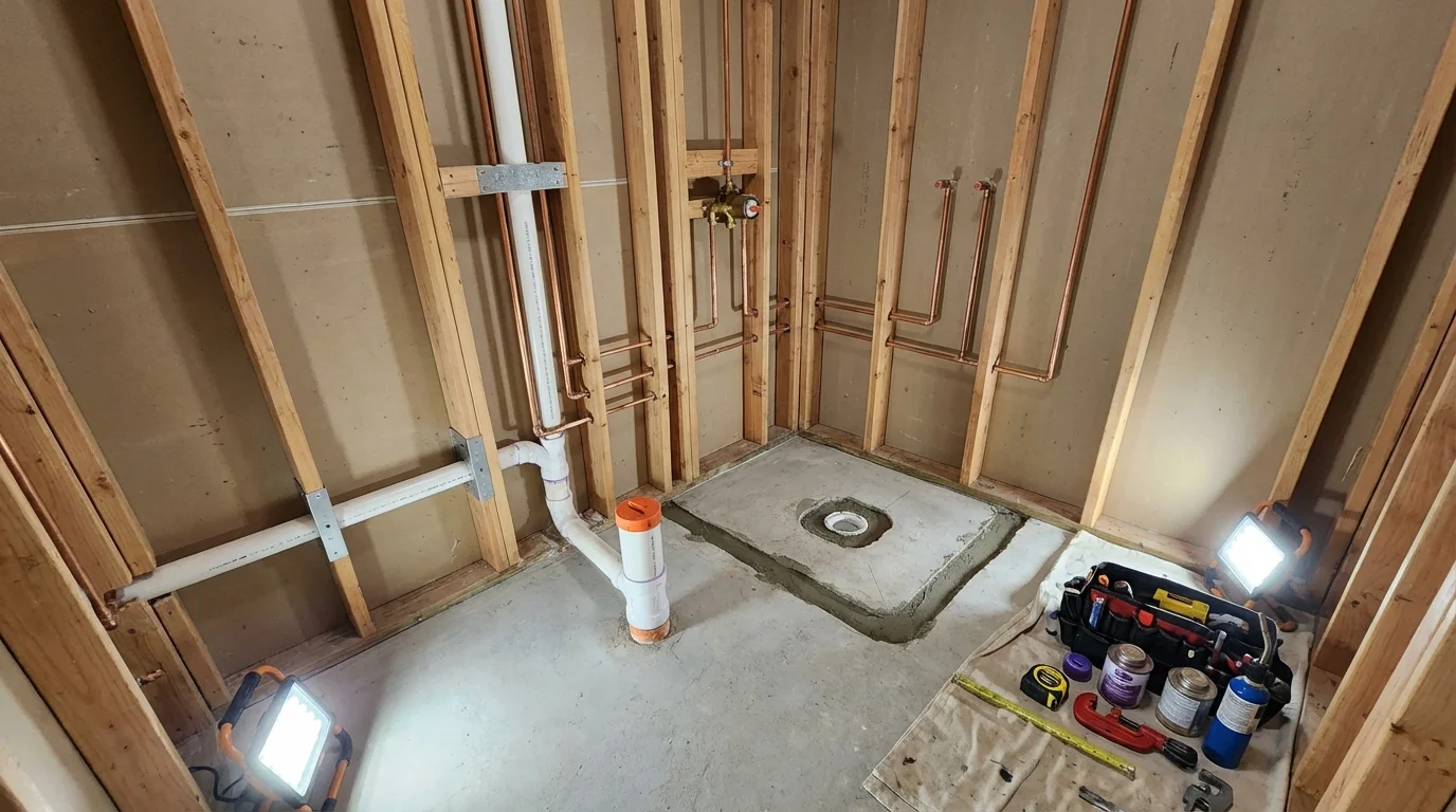 Bathroom rough-in plumbing during remodel by Johns Plumbing LLC in Orangeville