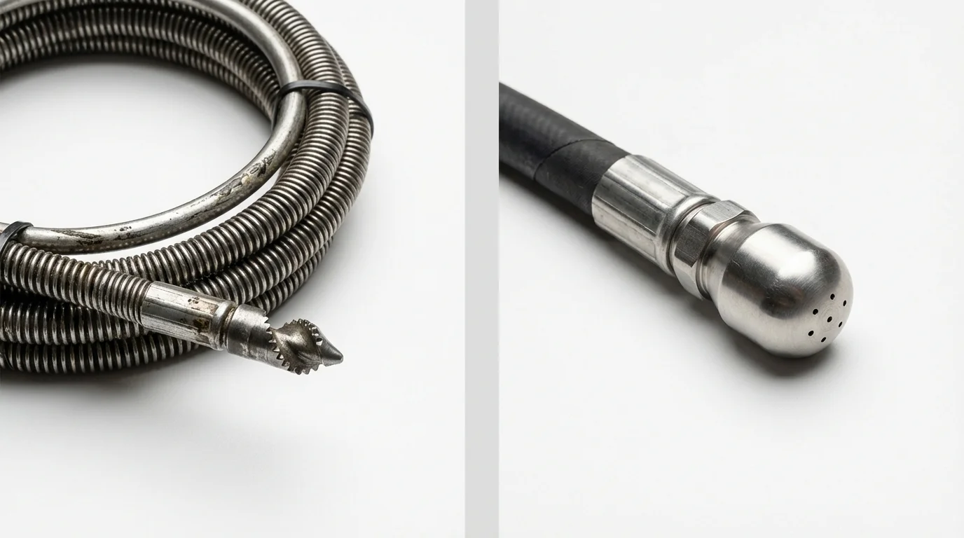Drain snake cable and hydro jetting nozzle used for drain cleaning in Orangeville, UT