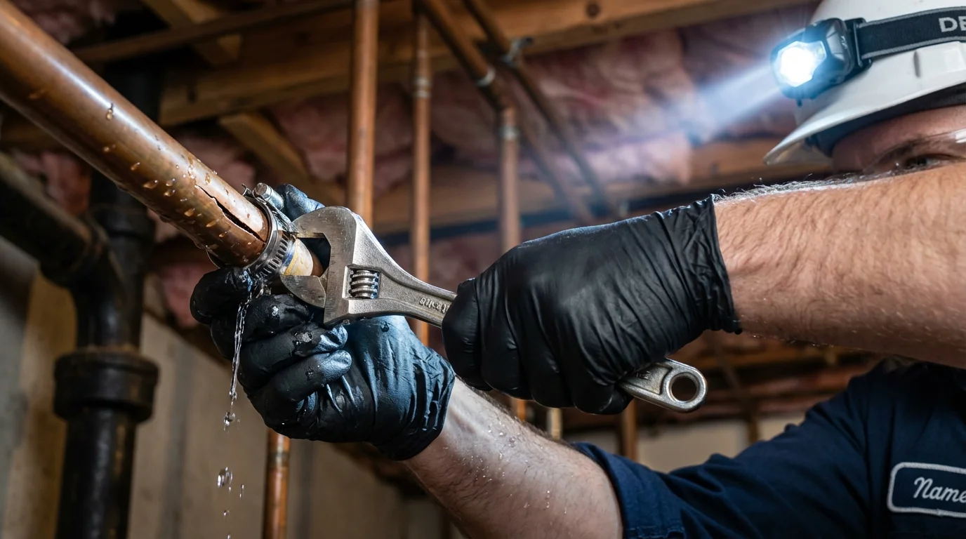 Emergency pipe clamp repair being performed by a Johns Plumbing LLC plumber in Orangeville