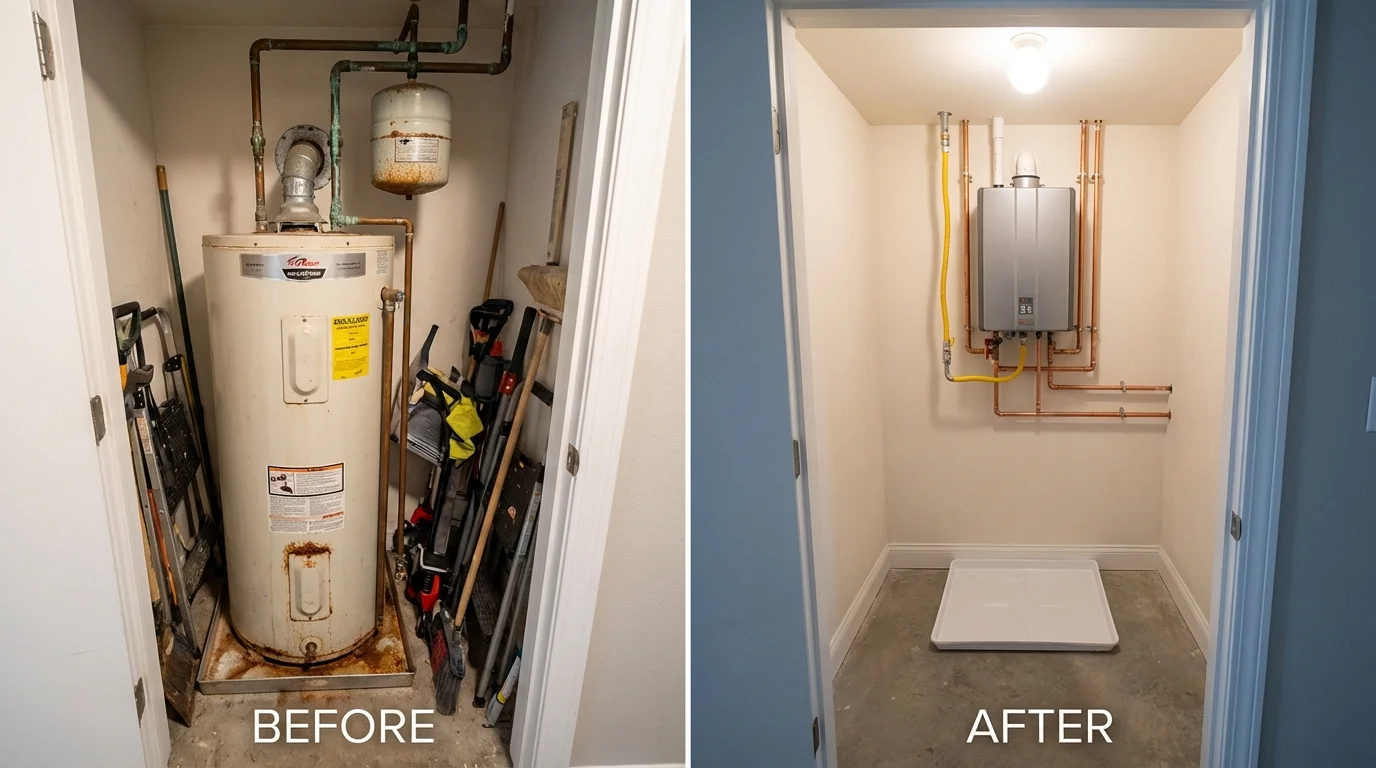 Tank water heater versus wall-mounted tankless unit comparison for Orangeville, UT homeowners