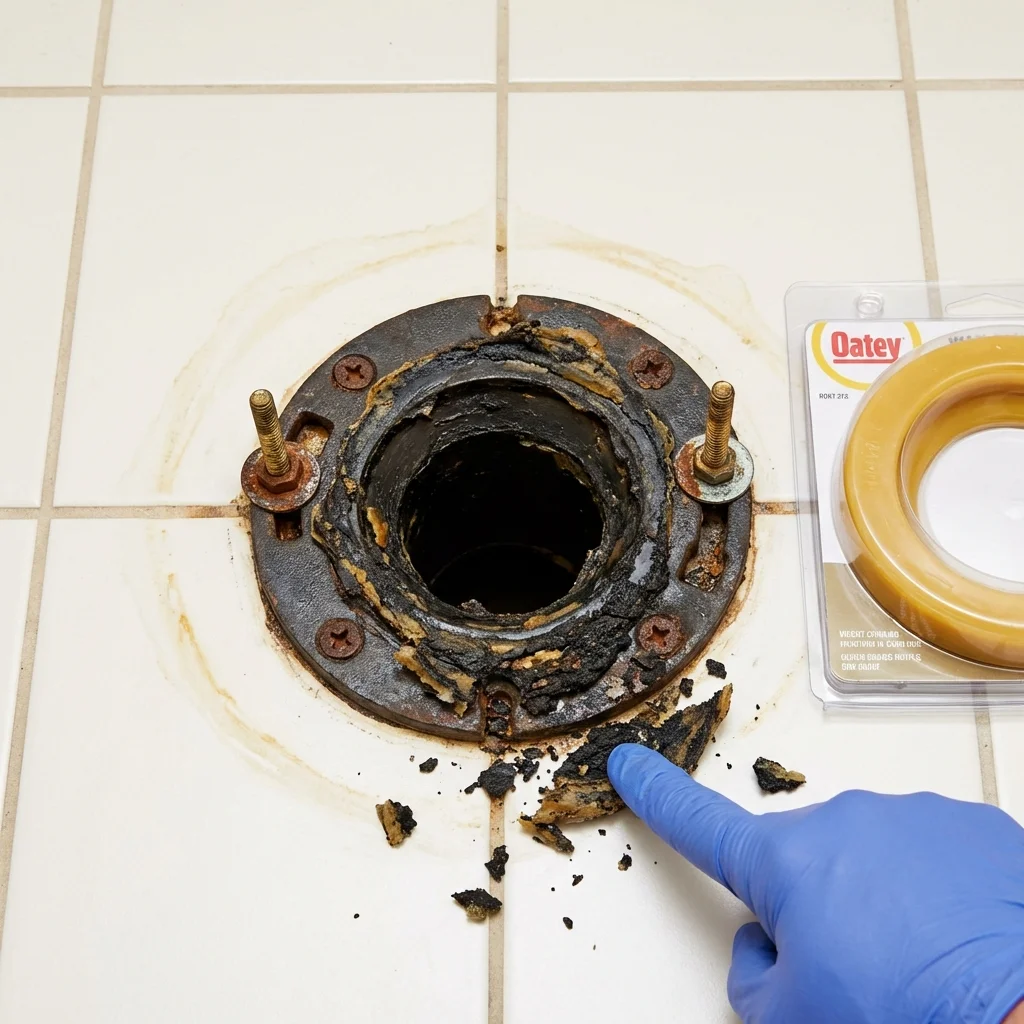 Failed wax ring showing water seepage at the base of a toilet in a Orangeville, UT home