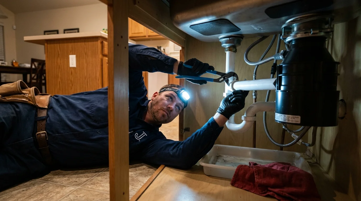 P-trap and supply line connections under a kitchen sink showing a common leak point in Orangeville, UT